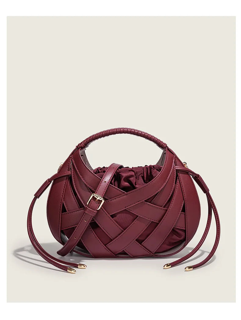 Fashion Woven Hollow Women Handbags Luxury Designer Ladies Shoulder Messenger Bag Small Totes Tassel Lady Composite Bag Burgundy