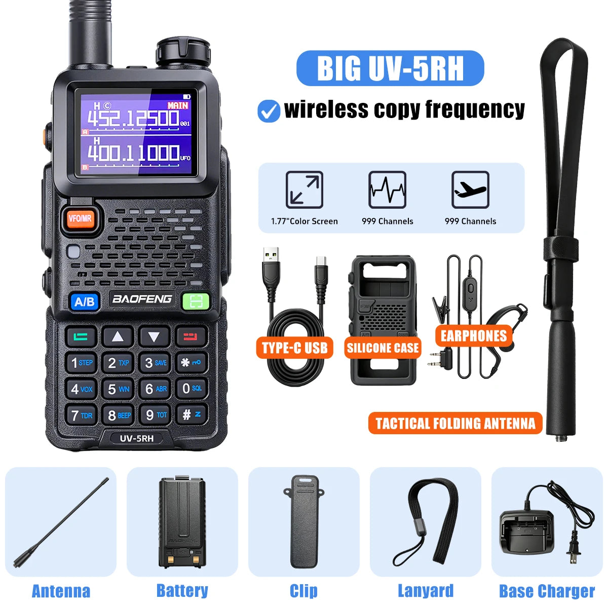 Baofeng UV5RH Walkie-Talkie, NewWireless Copy Model, Type-C NOAA Long Range 999CH, Car-Mounted Handheld Transceiver, Fleet