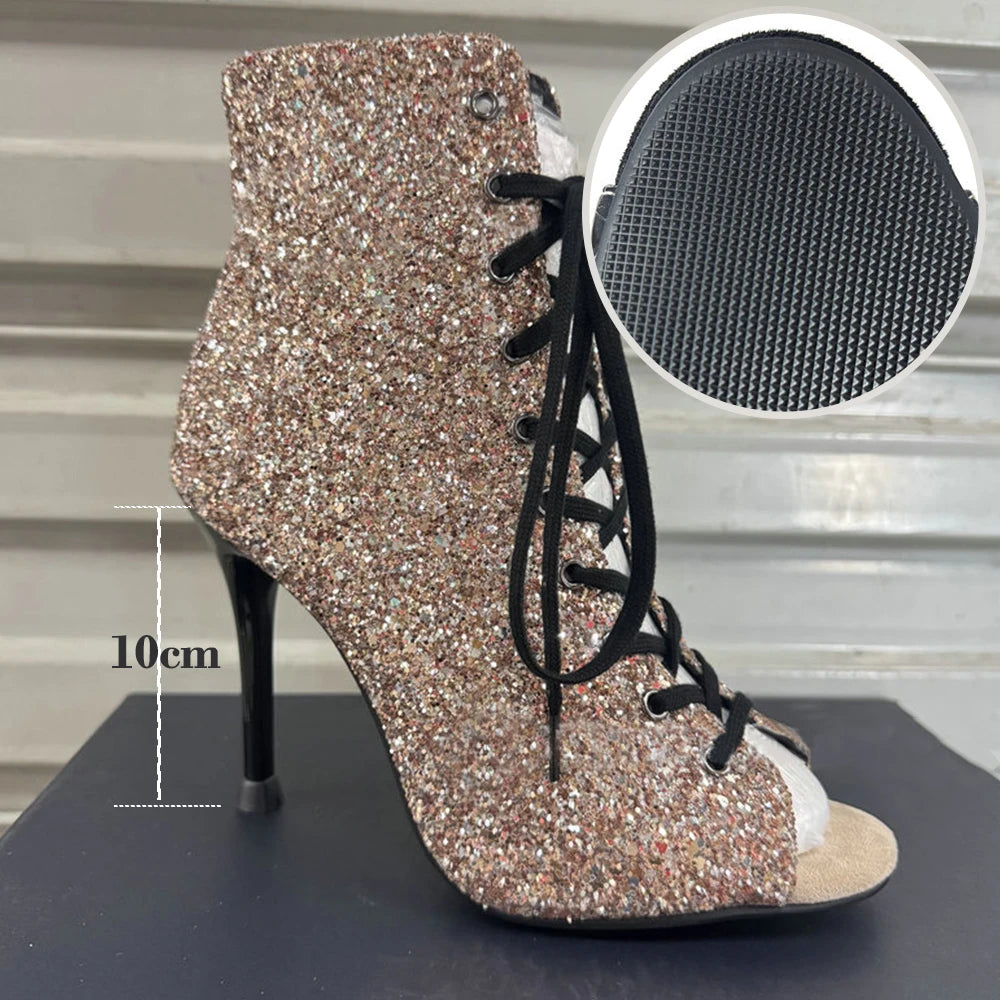 Dance Heels Champagne Black Sparkly Glitter Rubber Sole 10cm Professional High Heel Dance Shoes Salsa Women Dance Party Shoes