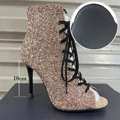 Dance Heels Champagne Black Sparkly Glitter Rubber Sole 10cm Professional High Heel Dance Shoes Salsa Women Dance Party Shoes