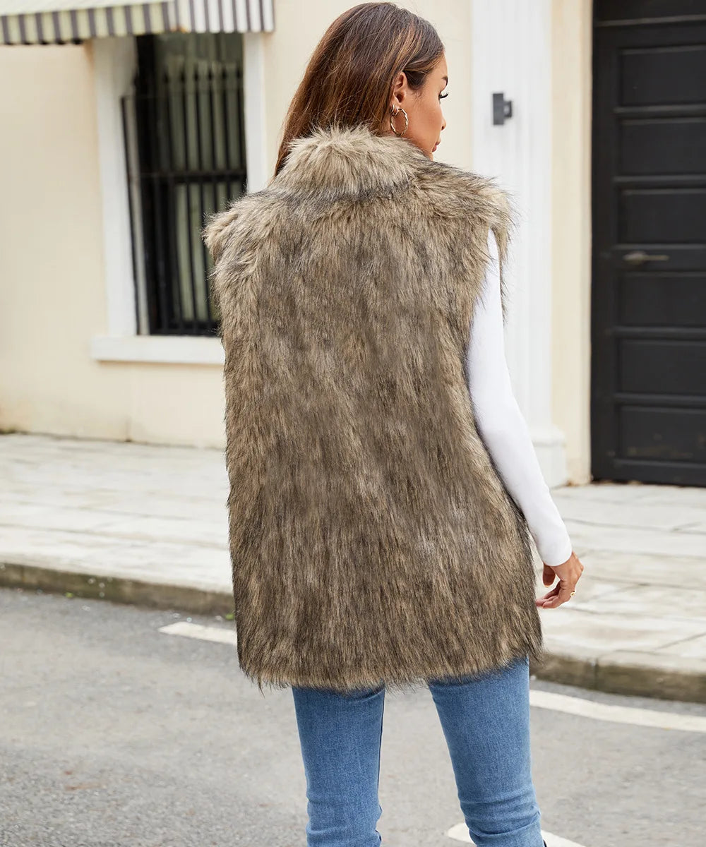 VigoCasey 2026 Autumn Winter Sleeveless Thick Faux Fur Vest Coat Woman Khaki Plush Warm Waistcoat Lady Casual Fluffy Vest Jacket