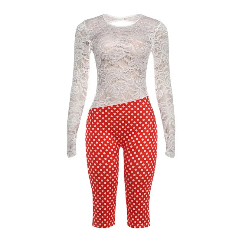 Women's Jumpsuit Lace Top Polka Dot Pants Backless Jumpsuits High Waist Skinny Romper Red Polka Dot Short Jumpsuit For Woman