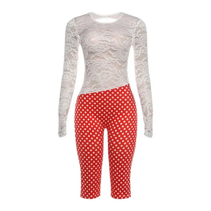 Women's Jumpsuit Lace Top Polka Dot Pants Backless Jumpsuits High Waist Skinny Romper Red Polka Dot Short Jumpsuit For Woman