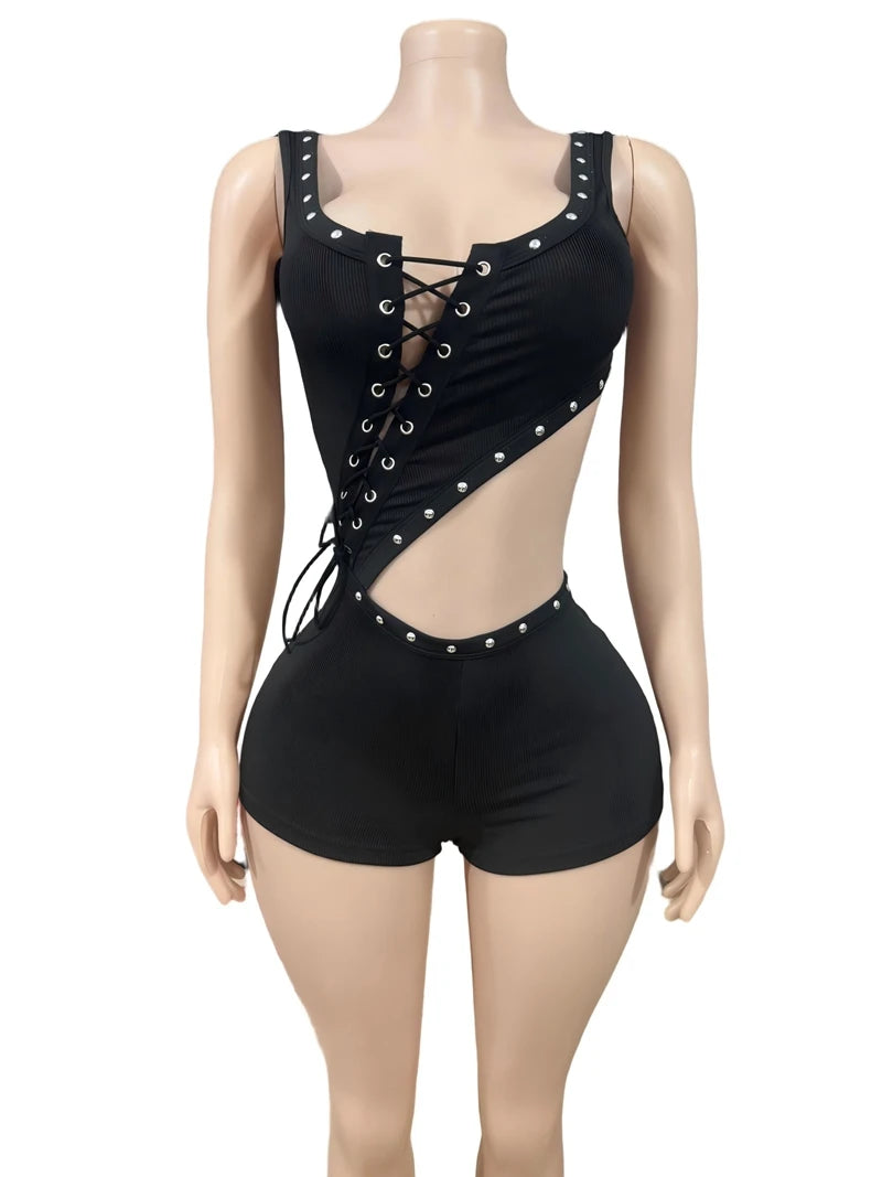 STYLISH LADY Cut Out Lace Up Playsuits 2025 Summer Women Sleeveless O Neck Bodycon Black Sexy Club Party Rompers