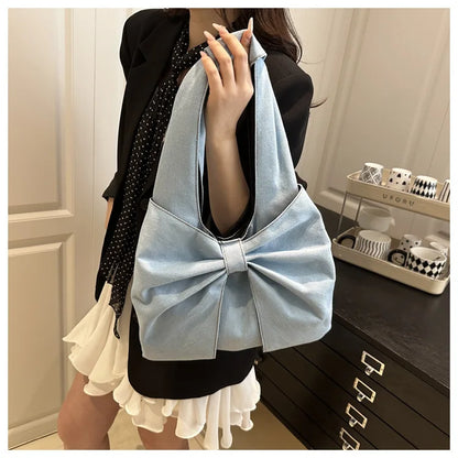 Sweet Bowknot Design Women's Denim Shoulder Bags Commuter Thread Ladies Handbags Casual Lightweight Female Underarm Tote Bag
