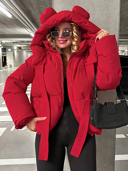Bear Ear Hooded Women Jacket Drawstring Zippers Cropped Padded Coat Female 2026 Winter Chic Street Fashion Lady Outerwear