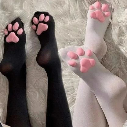 3D Cat Paw Thigh High Transparent Stockings Japanese Style Cute Pink Paw Print Sheer Tights Kawaii Lolita Cosplay Long Socks