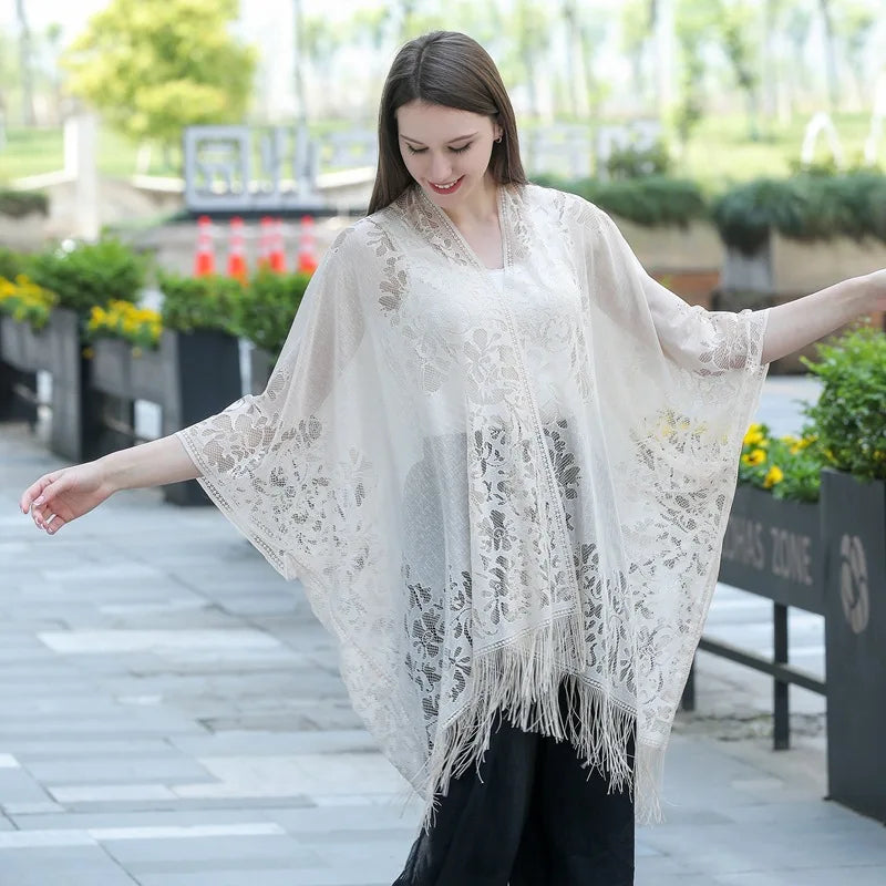 New Leakage Cardigan Shawl Lace Tassel Women's Fashion Versatile High-End Solid Color Hollow Tourism Vacation Beach Cape Sunscre