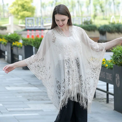 New Leakage Cardigan Shawl Lace Tassel Women's Fashion Versatile High-End Solid Color Hollow Tourism Vacation Beach Cape Sunscre