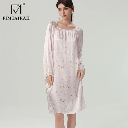 FIMTAIRAH 6A 19MM Silk Nightgown, long pajamas, long-sleeved silk high-end round-neck home wear Dress Night