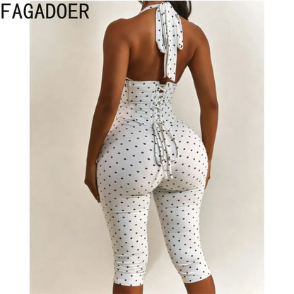 FAGADOER Cute Polka Dot Bodycon Rompers Hot Girl Streetwear Lace Up Bandage Corset Halter Jumpsuits Summer Night Club Playsuits