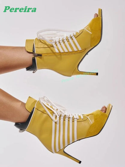 Yellow Peep Toe Lace Up Ankle Boots White Contrast Strap Side Zipper Stiletto High Heel Booties for Women Patchwork Shoes Sexy