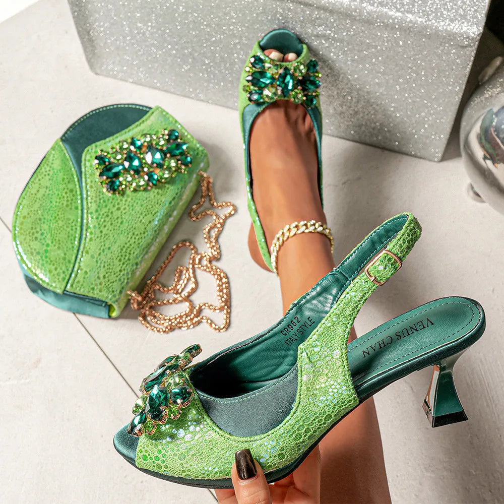 Elegant Orange Color 2025 Rhinestone High-Heels Shoes & Handbag Set – Luxury Wedding & Party Accessories