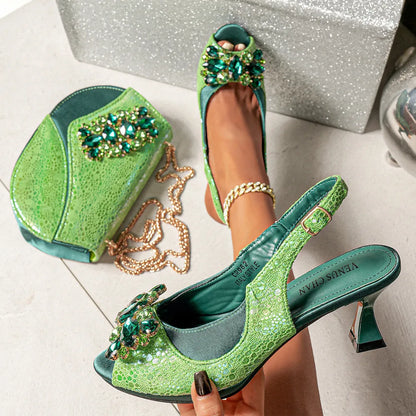 Elegant Orange Color 2025 Rhinestone High-Heels Shoes & Handbag Set – Luxury Wedding & Party Accessories