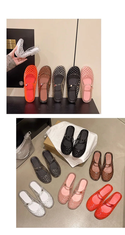 Women's Light Luxury Crystal Jelly Mary Jane Flat Sandals Hollow-out Breathable Closed Toe Summer Casual Non-slip Slip-on Shoes