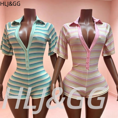 HLJ&GG Green Sexy Deep V Stripe Ribber Bodycon One Piece Rompers Women Short Sleeve Slim Jumpsuits Fashion Party Club Overalls