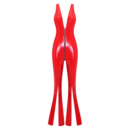 Women Glossy PU Flared Jumpsuit Deep V Neck Double-ended Zipper Split Bell Bottom Sleeveless Unitard Rompers Rave Party Clubwear