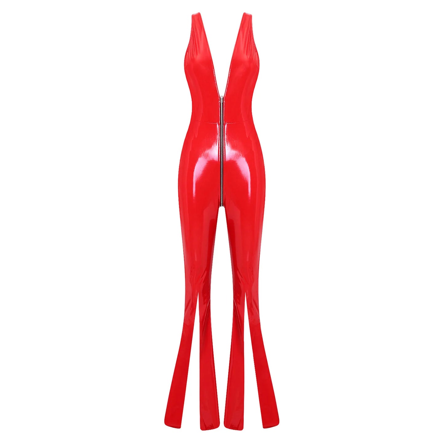 Women Glossy PU Flared Jumpsuit Deep V Neck Double-ended Zipper Split Bell Bottom Sleeveless Unitard Rompers Rave Party Clubwear