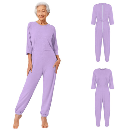 Women's Elderly Anti-Strip Adaptive Jumpsuit Back Legs Zip Long Sleeve Long Pants Nursing Rompers for Special Needs Disabilities