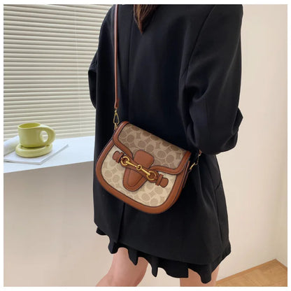 Women Retro Print Saddle Crossbody Bag Luxury Horse Bit Buckle Small Shoulder Bag Fashion PU Leather Ladies Daily Handbag