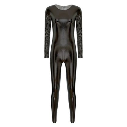 Womens Metallic Shiny Bodysuit Clubwear Long Sleeve Slim Fit Full Body Jumpsuit Nightclub Rave Party Musci Festival Costumes