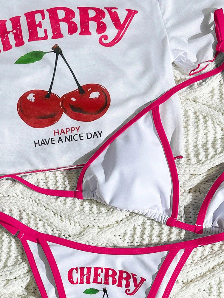 Cute Halter Bikini 3 Pieces Cherry Print 2026 Sexy & Fresh Feeling Bathing Suit Three-Piece Swimsuit Dark Blue Beach Swimwear