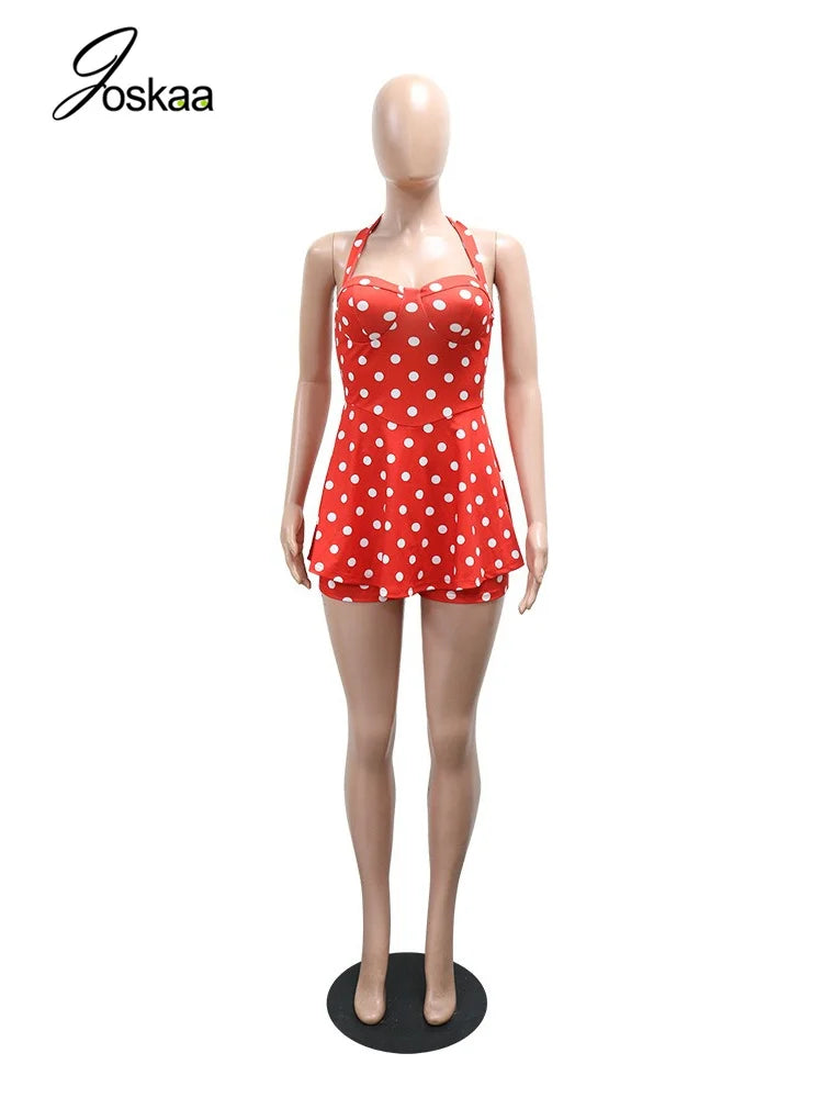 Joskaa Polka Dot Halter Bandage Rompers Women Sexy Low-cut Sleeveless Backless Bodycon Playsuits Y2k Streetwear Holiday Clubwear