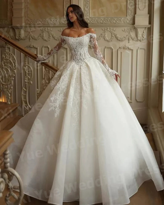 Elegant A Line Women's Off The Shoulder Lace Appliques Wedding Dresses Vestido De Novia Bride Gowns Customized Robe De Mariée