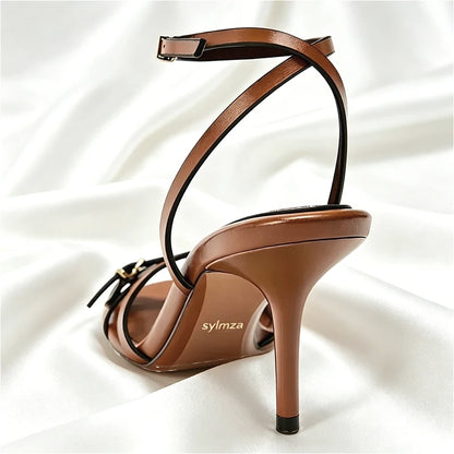 Luxury Brown Ankle Strap Women's Sandals Novelty Gold Buckle Detail Gladiator Sandals for Ladies 2026 Summer Elegant Women Shoes
