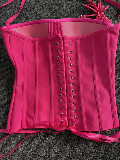 2025 New Hot Pink Bandage Skirt Sets Women Sexy Halter Bodycon Top And Flowers Mini Skirt Two Piece Sets Evening Party Outfit