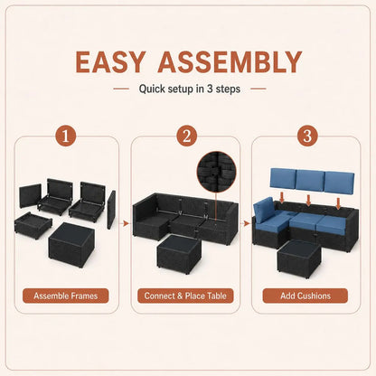 5-Piece Patio Furniture Set, Outdoor Wicker Sectional Sofa with 4-Inch Thick Cushions & Coffee Table, All-Weather PE, Custom