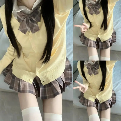 3Pc Set Japanese Korean School Uniforms Multicolor Sweater&Plaid Pleat Skirt with Bow Jk Uniform Suit Graduation Costumes Women