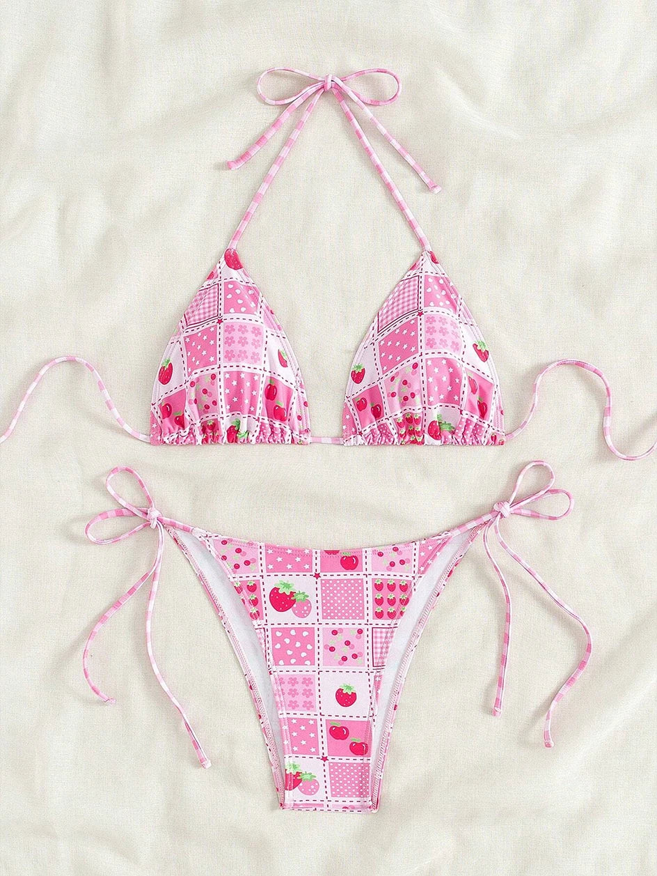 Swimsuit 2026 Female Micro Bikini Women Swimwear Summer Beachwear Women's Bathing Suit Floral Print Neck Halter Thong Bikini Set
