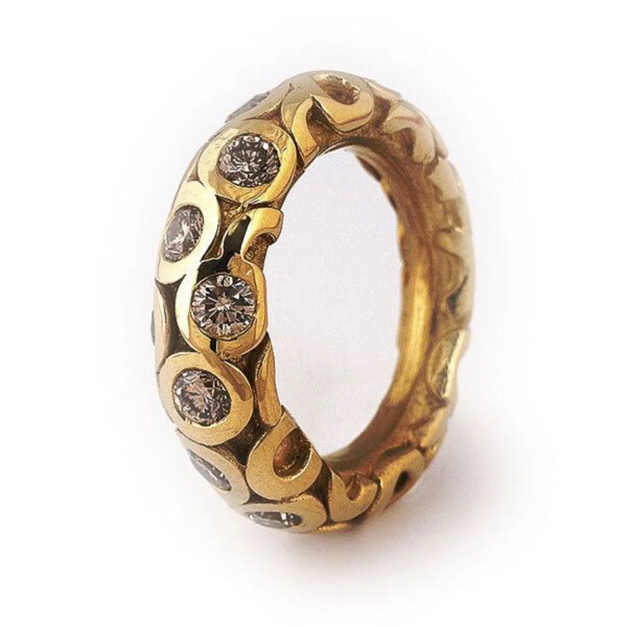Retro Distressed Relief Geometric Pattern Inlaid with Artificial Gemstones Made of Copper. Women's Ring for Street Parties.