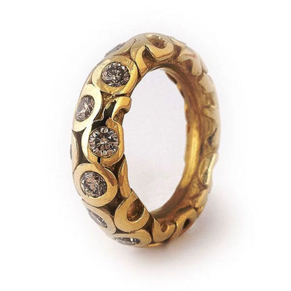 Retro Distressed Relief Geometric Pattern Inlaid with Artificial Gemstones Made of Copper. Women's Ring for Street Parties.
