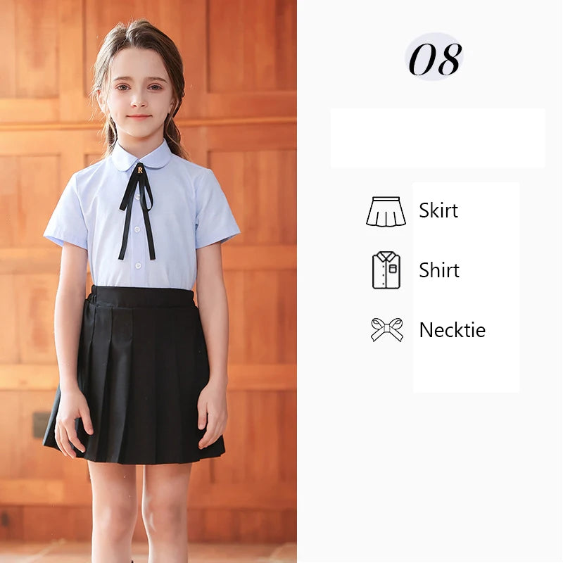 Children Summer Kindergarten School Uniforms Girls Pleated Skirts JK Suit Boys Shirt Shorts Bowtie Wedding Performance Costume
