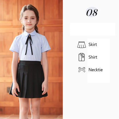 Children Summer Kindergarten School Uniforms Girls Pleated Skirts JK Suit Boys Shirt Shorts Bowtie Wedding Performance Costume
