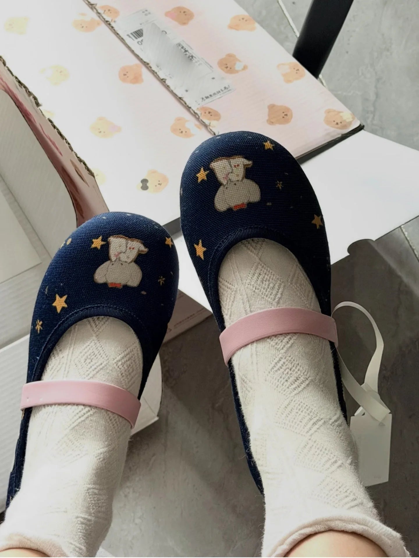 Denim Elephant Print Mary Jane Shoes For Women, Round Toe, Flat Ballet Shoes With a Shallow Neckline