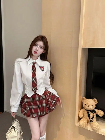 2025 improved cute sexy korea jk suit women autumn jk school uniform women shirt plaid pleated half skirt fashion two-piece set