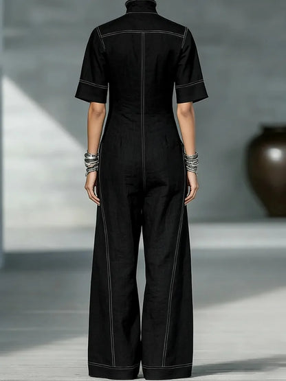 Yeezzi Women Vintage Contrast Stitch Wide Leg Jumpsuits 2026 New Half Sleeves Loose Zipper Pockets Casual Office Ladies Overalls