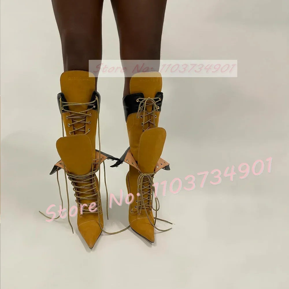 Yellow Lace-Up Knee High Stiletto Boots Women Multi-Strap Pointed Toe Fold Over High Heels Boots Female Party Street Style