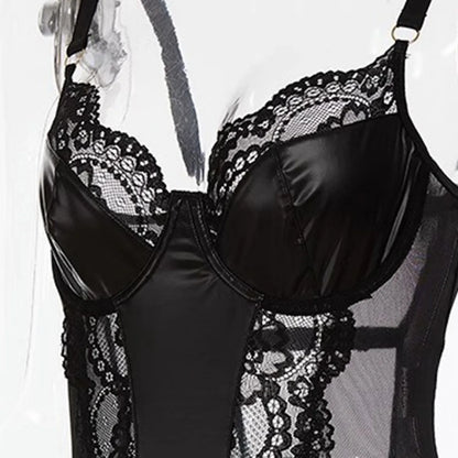Women Onesie Sexy Lingerie Bodysuit PU Leather Mesh Patchwork V-Neck Backless Jumpsuit Sexy Fun Underwear Valentines Day Gift