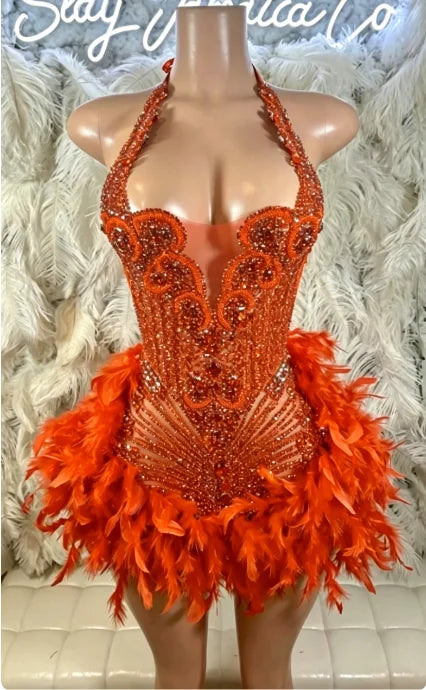 Glitter Pink Crystal Short Prom Dress For Black Girl Homecoming Senior Cocktail Dress Birthday Party Gown Feathers Customized