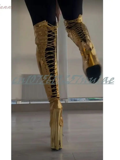 Pole Dance Performance Back Strappy Over the Knee Boots Open Toe Gold Patent Leather Side Zipper Women Dance Shoes Para Mujere