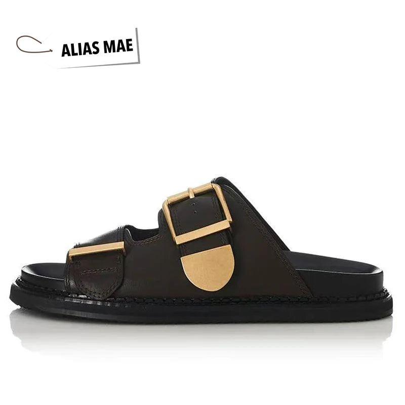 ALIAS MAE Women's Genuine Leather Double-Strap Slippers Vintage Gold Buckle Streetwear Beach Sandals Minimalist Luxury Style