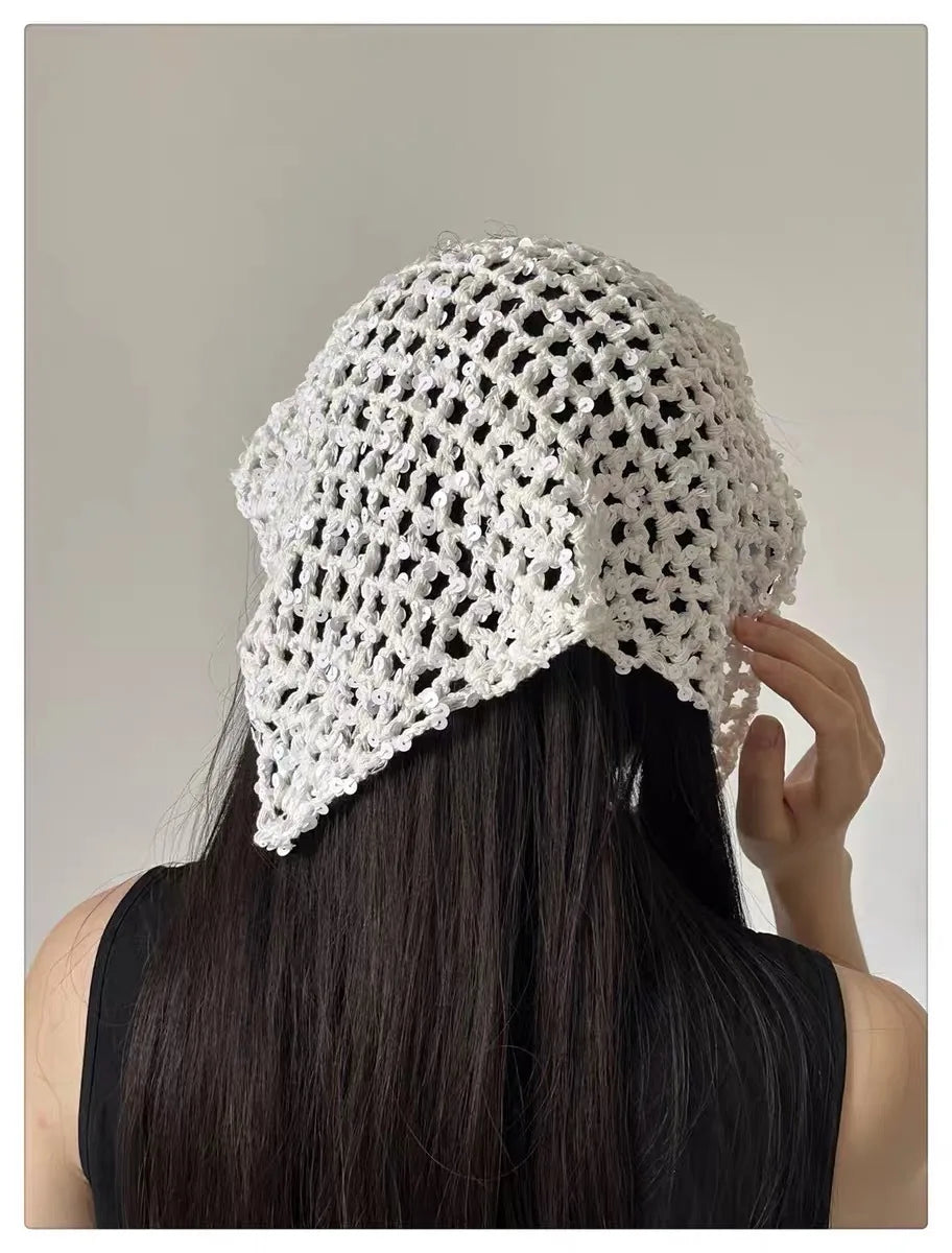 French Retro Knitted Triangular Towel Female Hottie Travel Sweet and Cute Literary Style Handmade Crochet Headscarf Headband