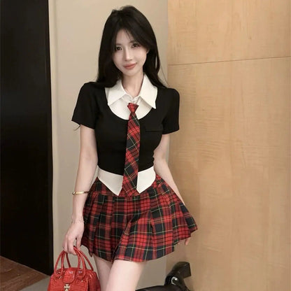 2025 korean style polo collar short-sleeved tops high-waisted jk plaid short skirts 2 piece summer girls  school uniform jk set