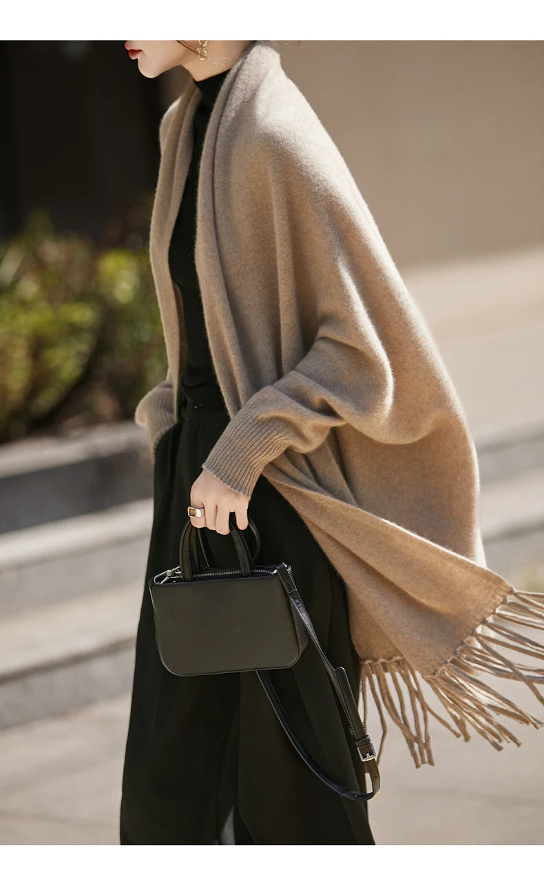 Light Luxury Autumn Winter Woman Shawl Elegant Female 100% Merino Wool Knitwear New Fashion Ladies Tassel Scarf Solid Jersey