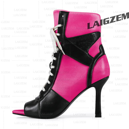 LAIGZEM Women Ankle Boots Patchwork Peep Toe Thin High Heels Boots Lace up Short Boos Ladies Handmade Shoes Woman Size 39 41 43