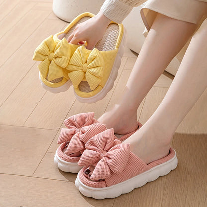 Bow Platform Women's Slippers Home Spring Summer Luxury Designer Woman Shoes 2026 Fashion Hemp Indoor Slides Lightweight Soft